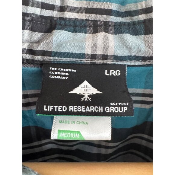 LRG Mens Plaid Short Sleeve Button-Up Shirt Medium Teal/Black Cotton - Picture 2 of 5